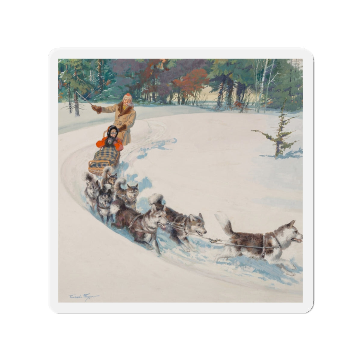 Dogsled Fun, calendar illustration (Magazine Illustration) Refrigerator Magnet-2" x 2"-The Sticker Space