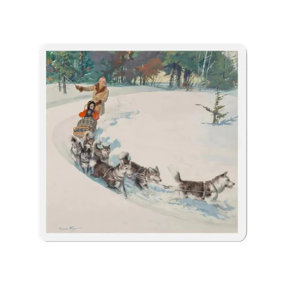 Dogsled Fun, calendar illustration (Magazine Illustration) Refrigerator Magnet 3 Inch Die-Cut - The Sticker Space