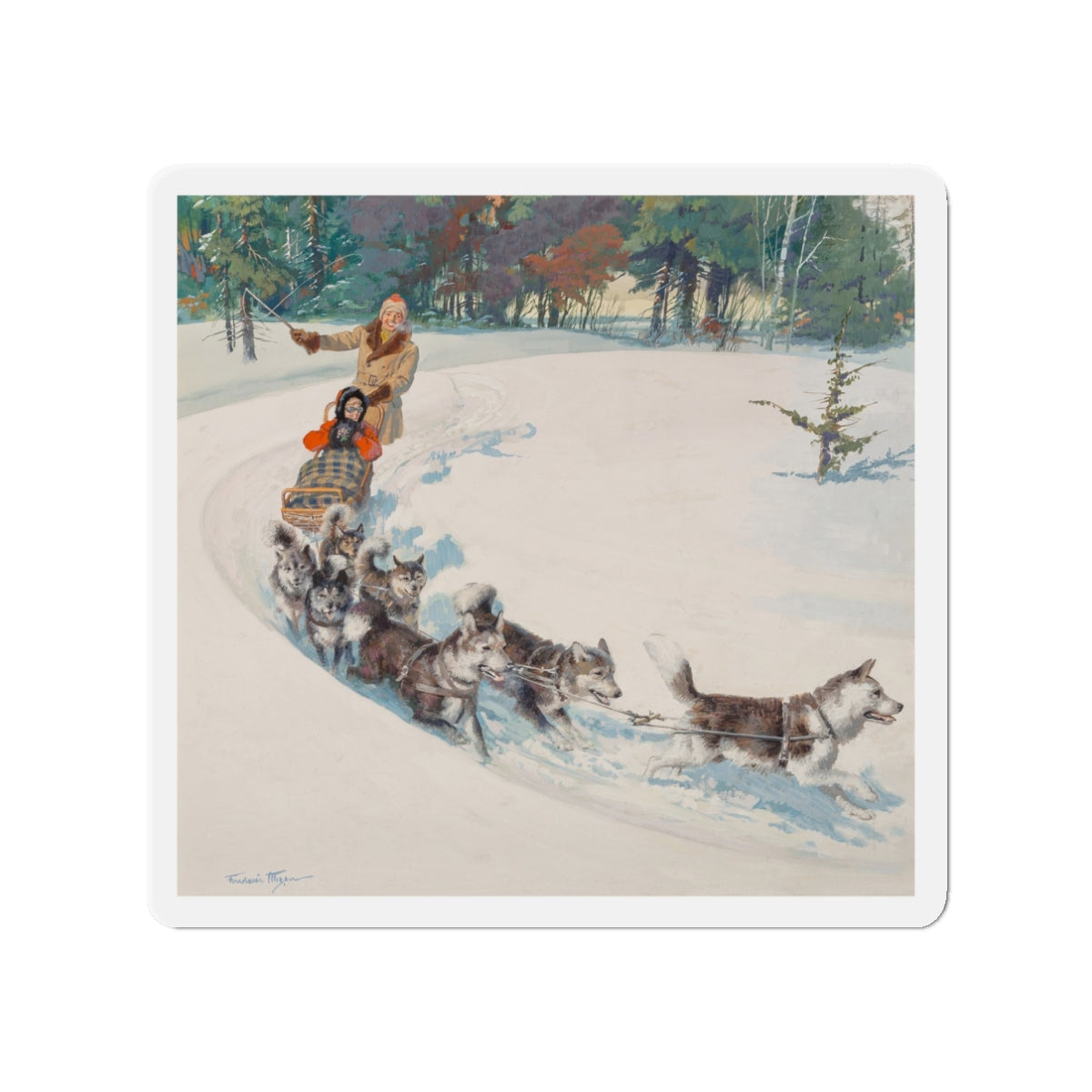 Dogsled Fun, calendar illustration (Magazine Illustration) Refrigerator Magnet-3" x 3"-The Sticker Space