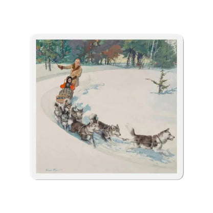 Dogsled Fun, calendar illustration (Magazine Illustration) Refrigerator Magnet 4 Inch Die-Cut - The Sticker Space