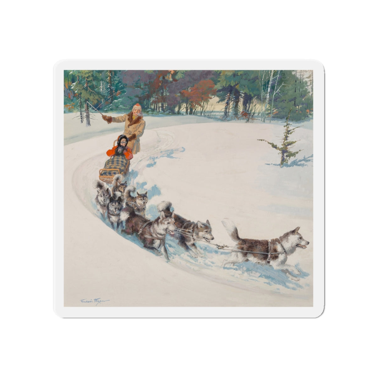 Dogsled Fun, calendar illustration (Magazine Illustration) Refrigerator Magnet-4" x 4"-The Sticker Space