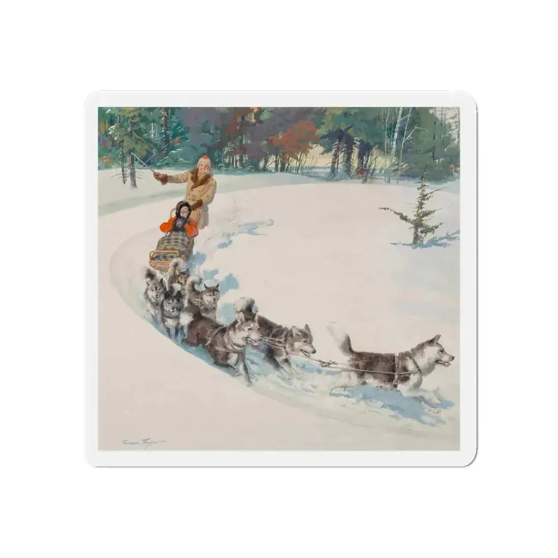 Dogsled Fun, calendar illustration (Magazine Illustration) Refrigerator Magnet 5 Inch Die-Cut - The Sticker Space