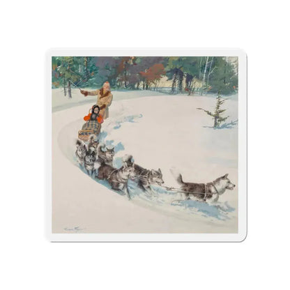Dogsled Fun, calendar illustration (Magazine Illustration) Refrigerator Magnet 6 Inch Die-Cut - The Sticker Space