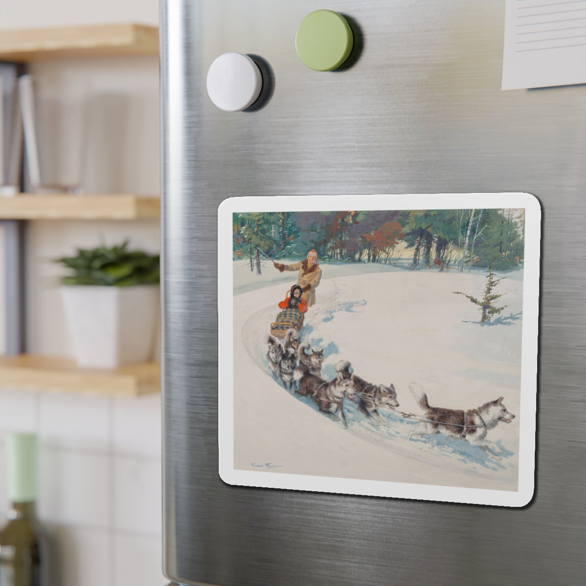 Dogsled Fun, calendar illustration (Magazine Illustration) Refrigerator Magnet-The Sticker Space