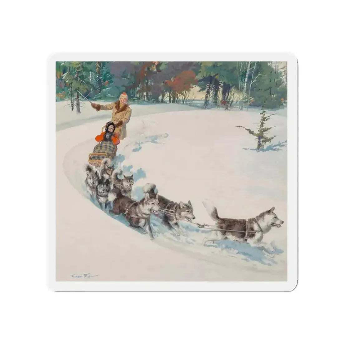 Dogsled Fun, calendar illustration (Magazine Illustration) Refrigerator Magnet - The Sticker Space