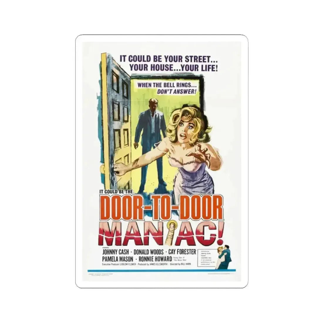 DOOR TO DOOR MANIAC 1961 Movie Poster - STICKER Vinyl Kiss-Cut Decal 2 Inch White - The Sticker Space