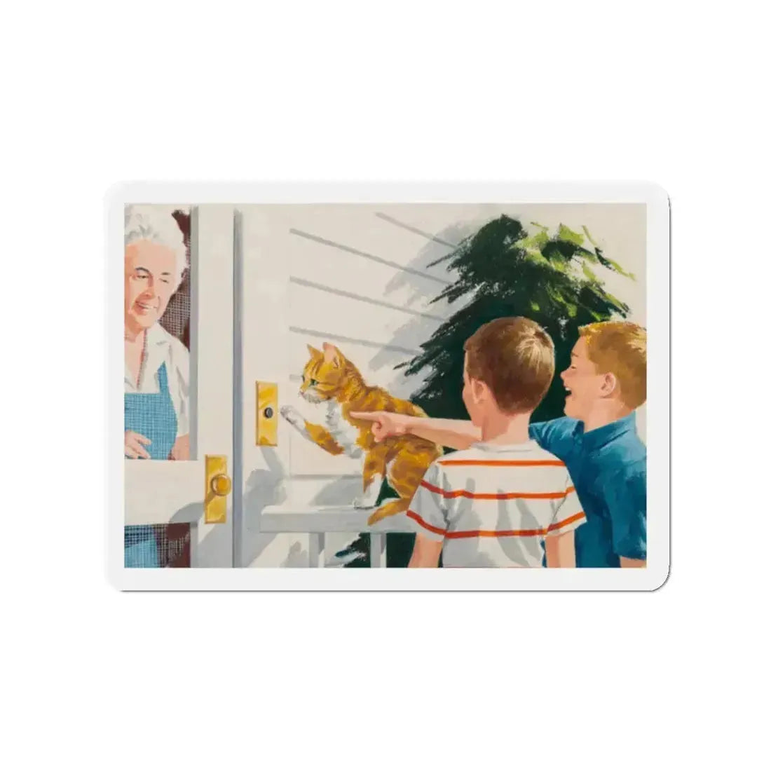 Doorbell, Dick and Jane illustration (Magazine Illustration) Refrigerator Magnet 2 Inch Die-Cut - The Sticker Space