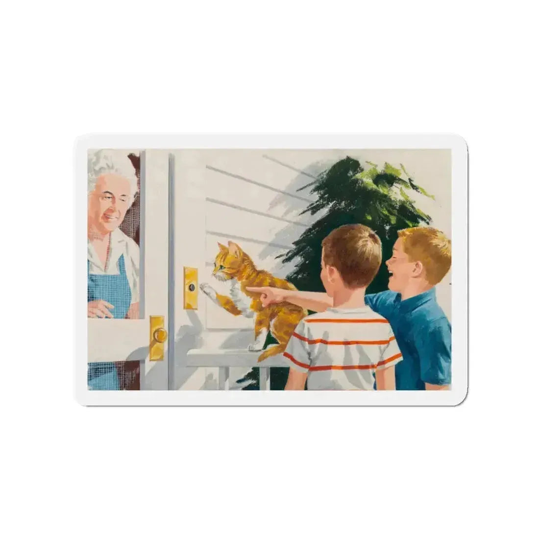 Doorbell, Dick and Jane illustration (Magazine Illustration) Refrigerator Magnet 3 Inch Die-Cut - The Sticker Space