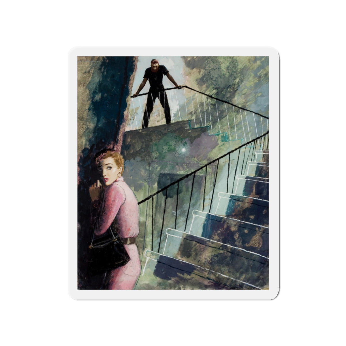 Down the Staircase, story illustration, circa 1955 (Magazine Illustration) Refrigerator Magnet-3" x 3"-The Sticker Space