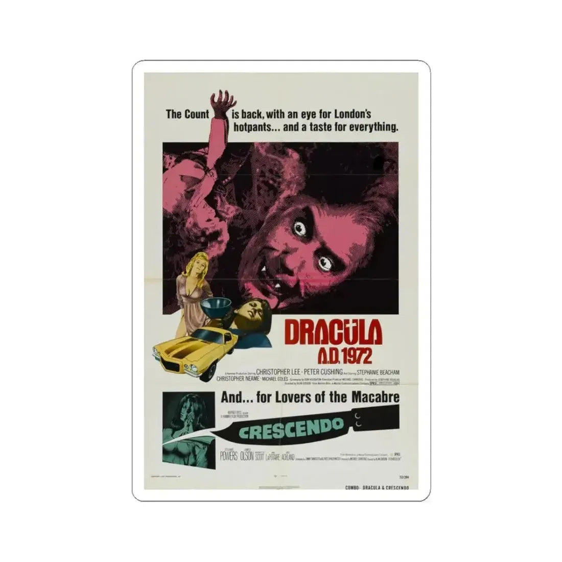 DRACULA A.D. 1972 + CRESCENDO Movie Poster - STICKER Vinyl Kiss-Cut Decal 3 Inch White - The Sticker Space