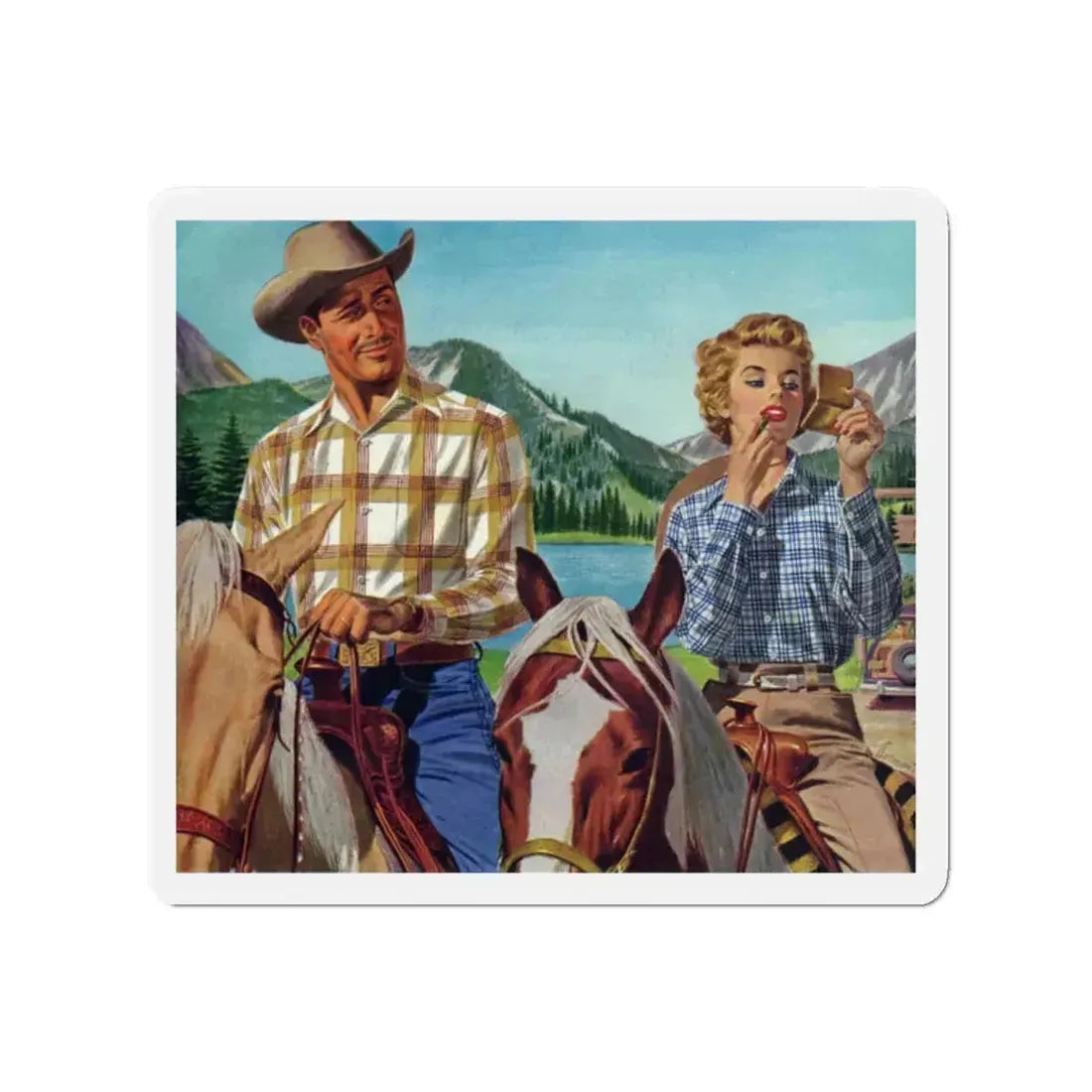 Dude Ranch, Arrow advertisement, 1954 (Magazine Illustration) Refrigerator Magnet 2 Inch Die-Cut - The Sticker Space
