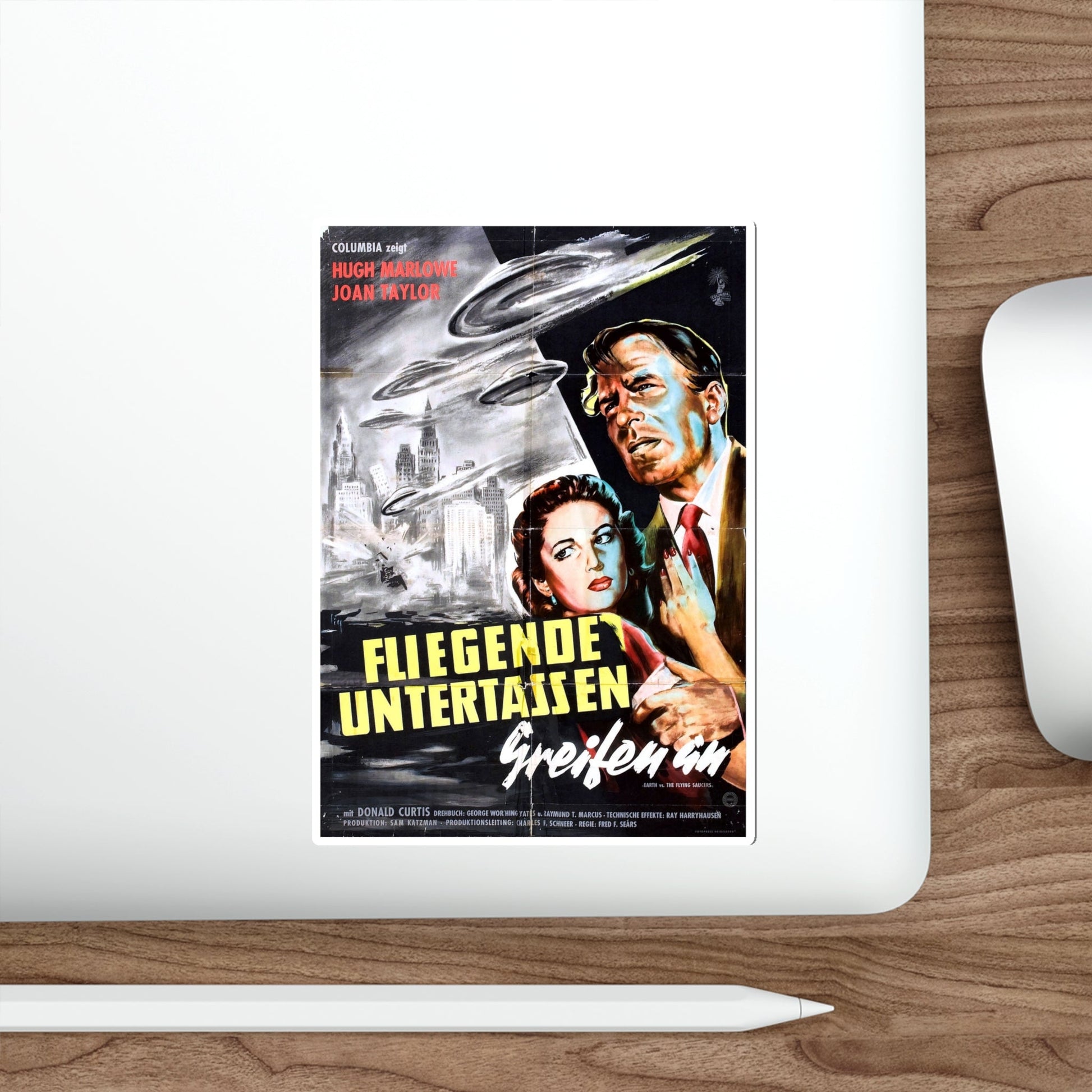 EARTH VS THE FLYING SAUCERS (GERMAN) 1956 Movie Poster STICKER Vinyl Die-Cut Decal-The Sticker Space