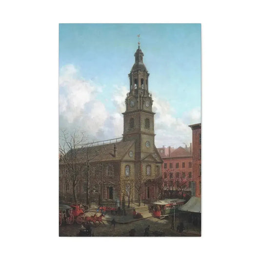 Edward Lamson Henry (1841-1919) North Dutch Church, Fulton and William Streets, New York academ - Canvas Wall Art 24″ x 36″ 1.25" - The Sticker Space