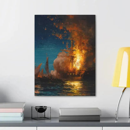 Edward Moran (1829-1901) Burning of the Frigate Philadelphia in the Harbor of Tripoli c1 - Canvas Wall Art - The Sticker Space