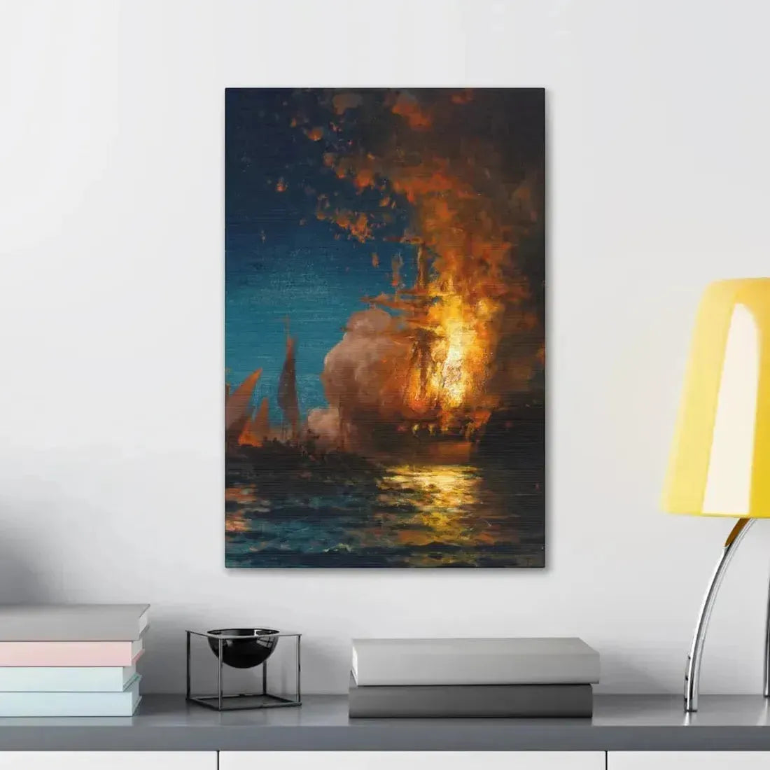 Edward Moran (1829-1901) Burning of the Frigate Philadelphia in the Harbor of Tripoli c1 - Canvas Wall Art - The Sticker Space