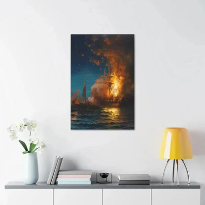 Edward Moran (1829-1901) Burning of the Frigate Philadelphia in the Harbor of Tripoli c1 - Canvas Wall Art - The Sticker Space