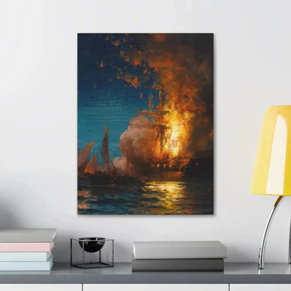 Edward Moran (1829-1901) Burning of the Frigate Philadelphia in the Harbor of Tripoli c1 - Canvas Wall Art - The Sticker Space