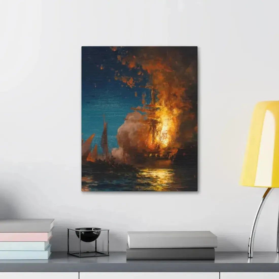 Edward Moran (1829-1901) Burning of the Frigate Philadelphia in the Harbor of Tripoli c1 - Canvas Wall Art - The Sticker Space