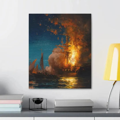 Edward Moran (1829-1901) Burning of the Frigate Philadelphia in the Harbor of Tripoli c1 - Canvas Wall Art - The Sticker Space