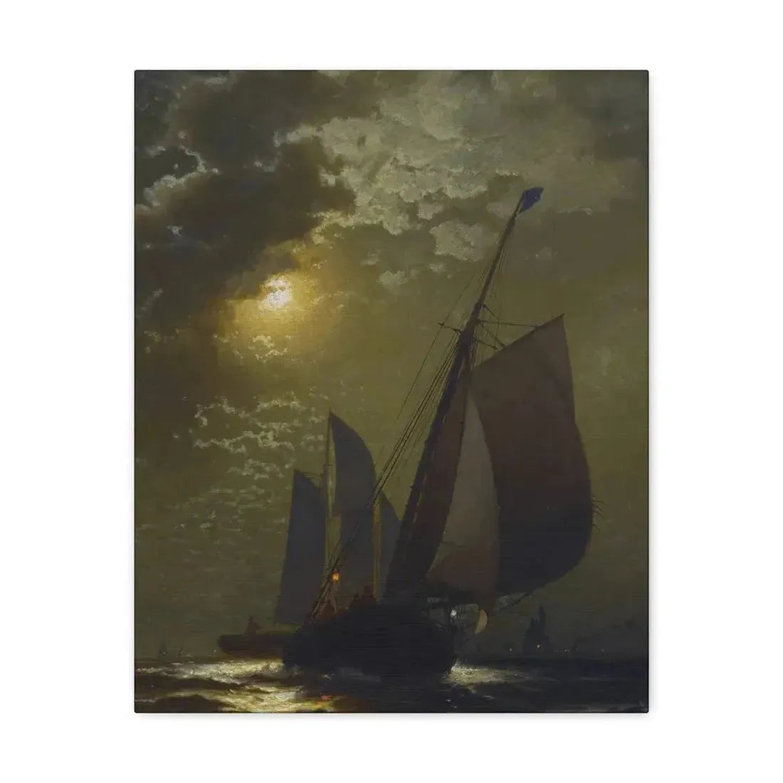 Edward Moran (1829-1901) Fishing Boats in the Moonlight Laid Down on Masonite 1877 - Canvas Wall Art 16″ x 20″ 1.25" - The Sticker Space