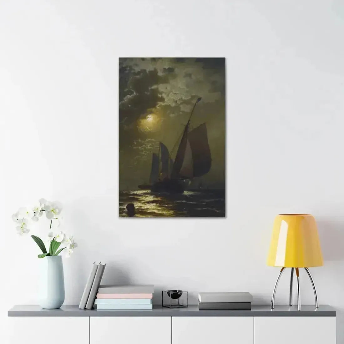 Edward Moran (1829-1901) Fishing Boats in the Moonlight Laid Down on Masonite 1877 - Canvas Wall Art - The Sticker Space