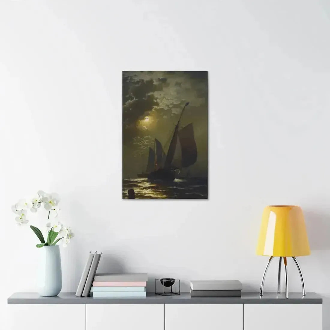 Edward Moran (1829-1901) Fishing Boats in the Moonlight Laid Down on Masonite 1877 - Canvas Wall Art - The Sticker Space