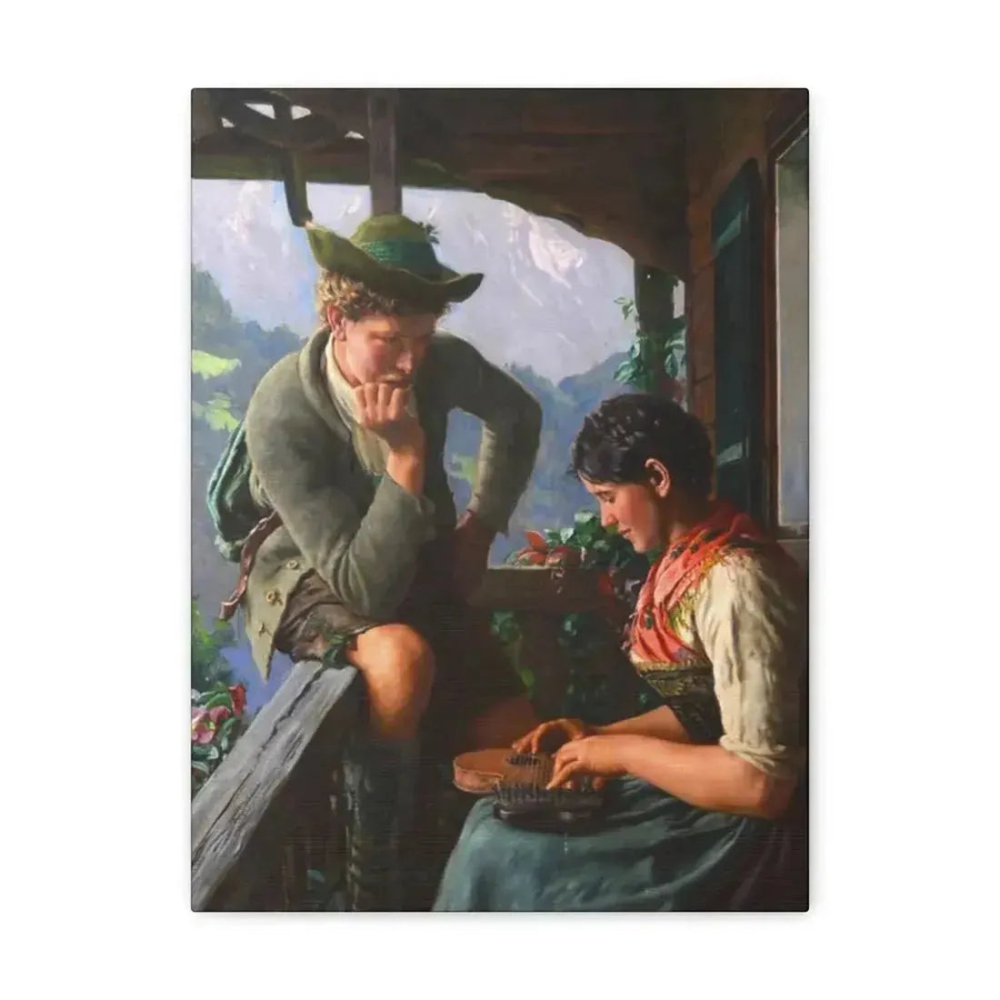 Emil Rau (1858-1937) Tyrolean Couple with Chalet and Mountainous Landscape - Canvas Wall Art 12″ x 16″ 1.25" - The Sticker Space