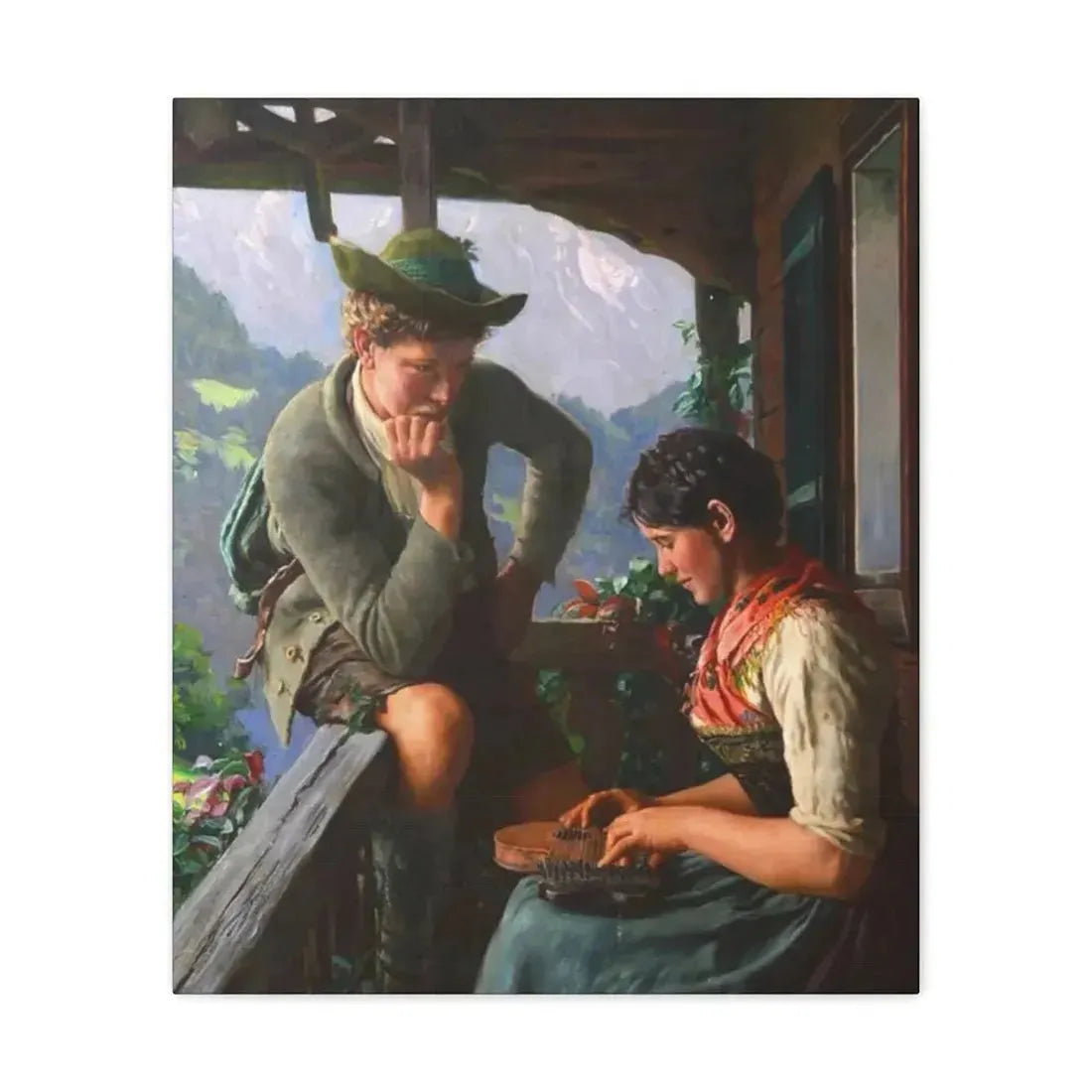 Emil Rau (1858-1937) Tyrolean Couple with Chalet and Mountainous Landscape - Canvas Wall Art 20″ x 24″ 1.25" - The Sticker Space