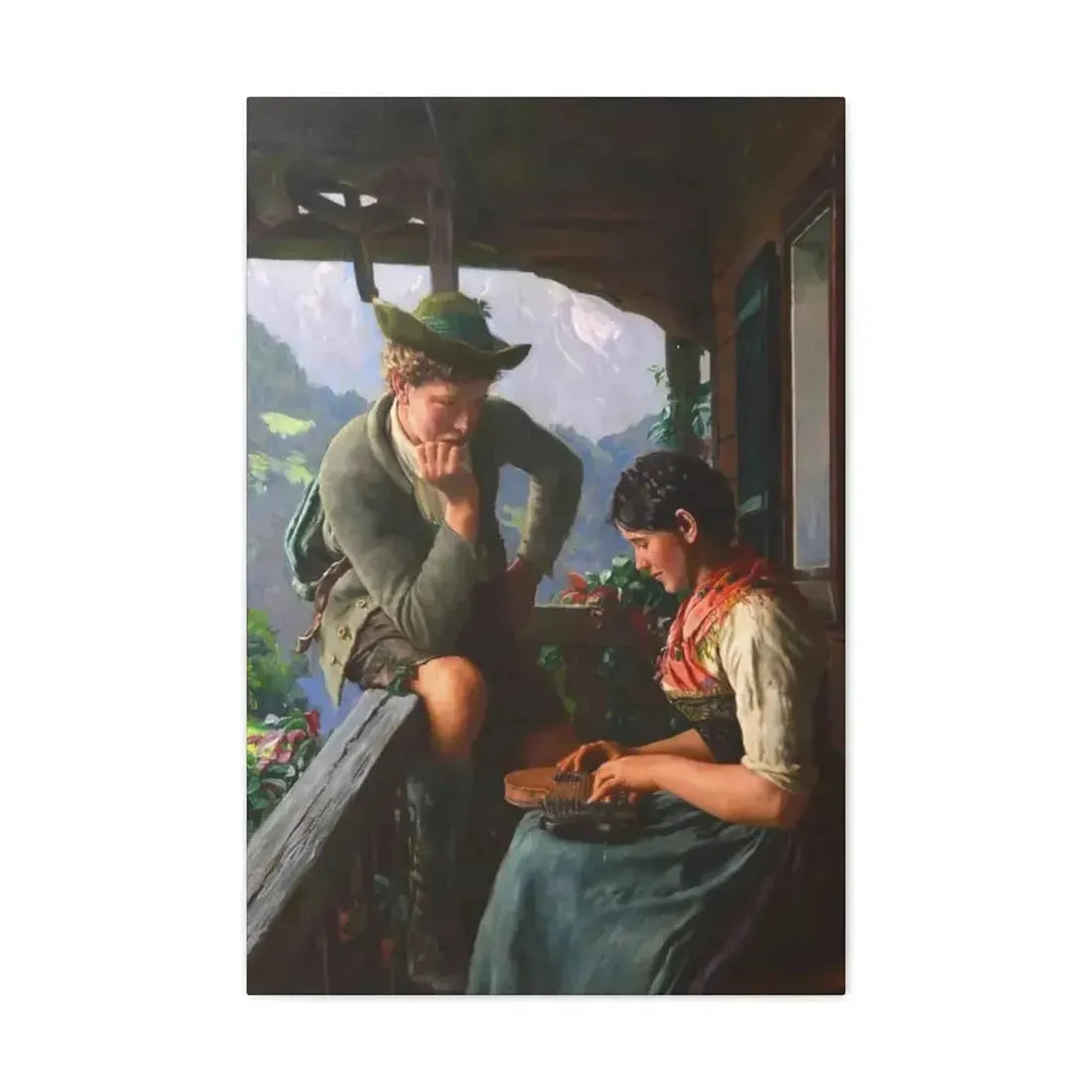 Emil Rau (1858-1937) Tyrolean Couple with Chalet and Mountainous Landscape - Canvas Wall Art 20″ x 30″ 1.25" - The Sticker Space