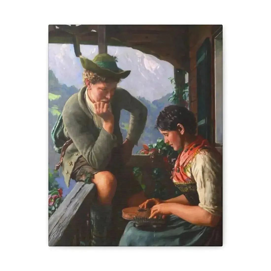 Emil Rau (1858-1937) Tyrolean Couple with Chalet and Mountainous Landscape - Canvas Wall Art - The Sticker Space