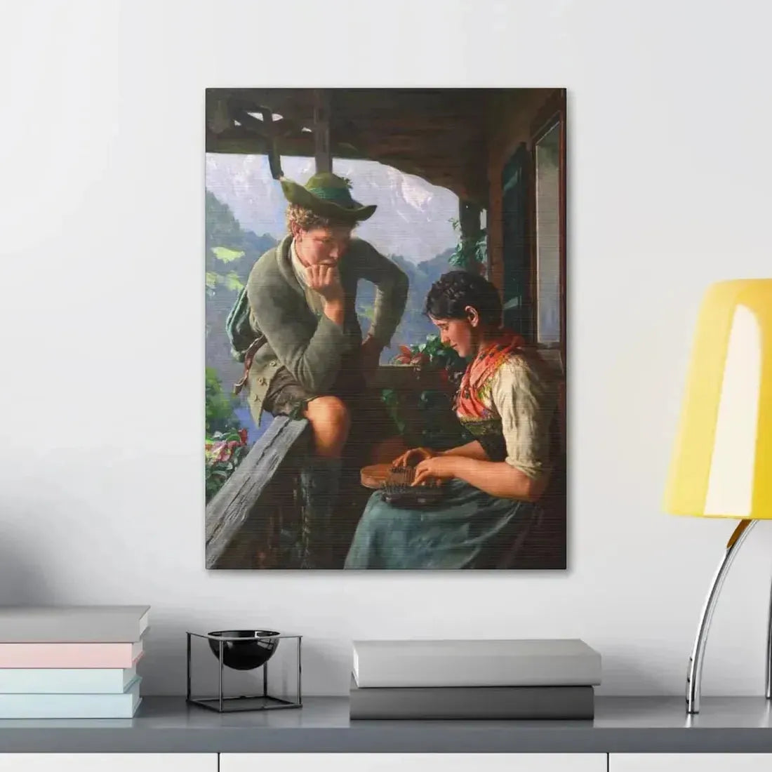 Emil Rau (1858-1937) Tyrolean Couple with Chalet and Mountainous Landscape - Canvas Wall Art - The Sticker Space