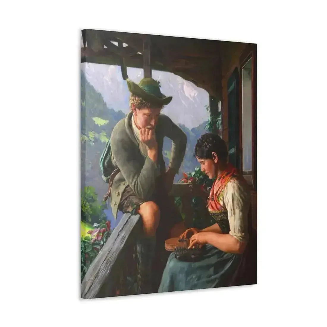 Emil Rau (1858-1937) Tyrolean Couple with Chalet and Mountainous Landscape - Canvas Wall Art - The Sticker Space