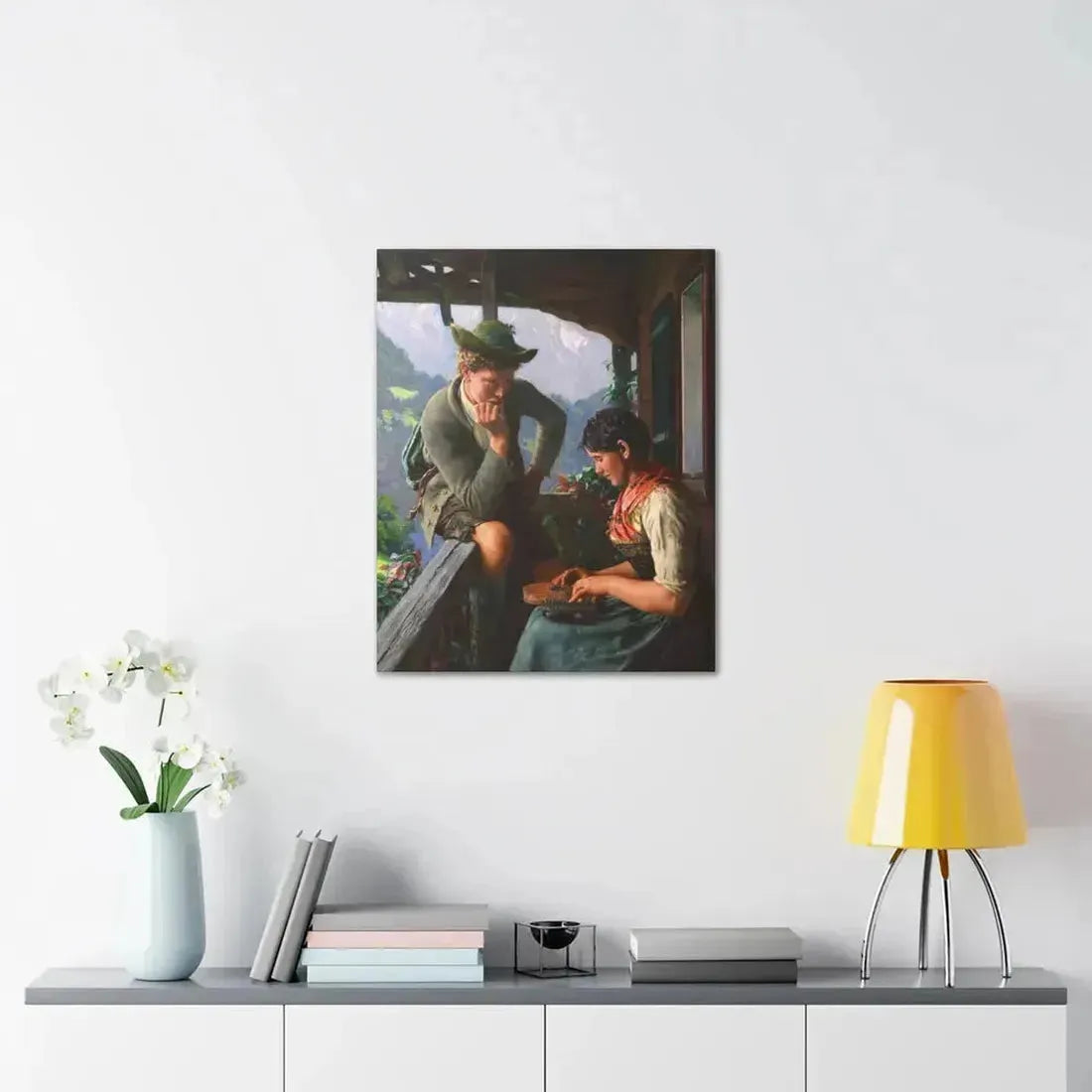 Emil Rau (1858-1937) Tyrolean Couple with Chalet and Mountainous Landscape - Canvas Wall Art - The Sticker Space