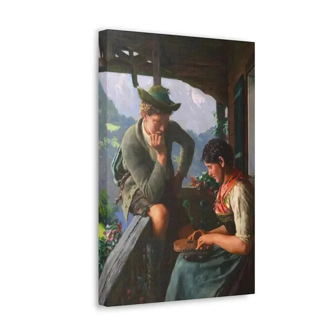 Emil Rau (1858-1937) Tyrolean Couple with Chalet and Mountainous Landscape - Canvas Wall Art - The Sticker Space