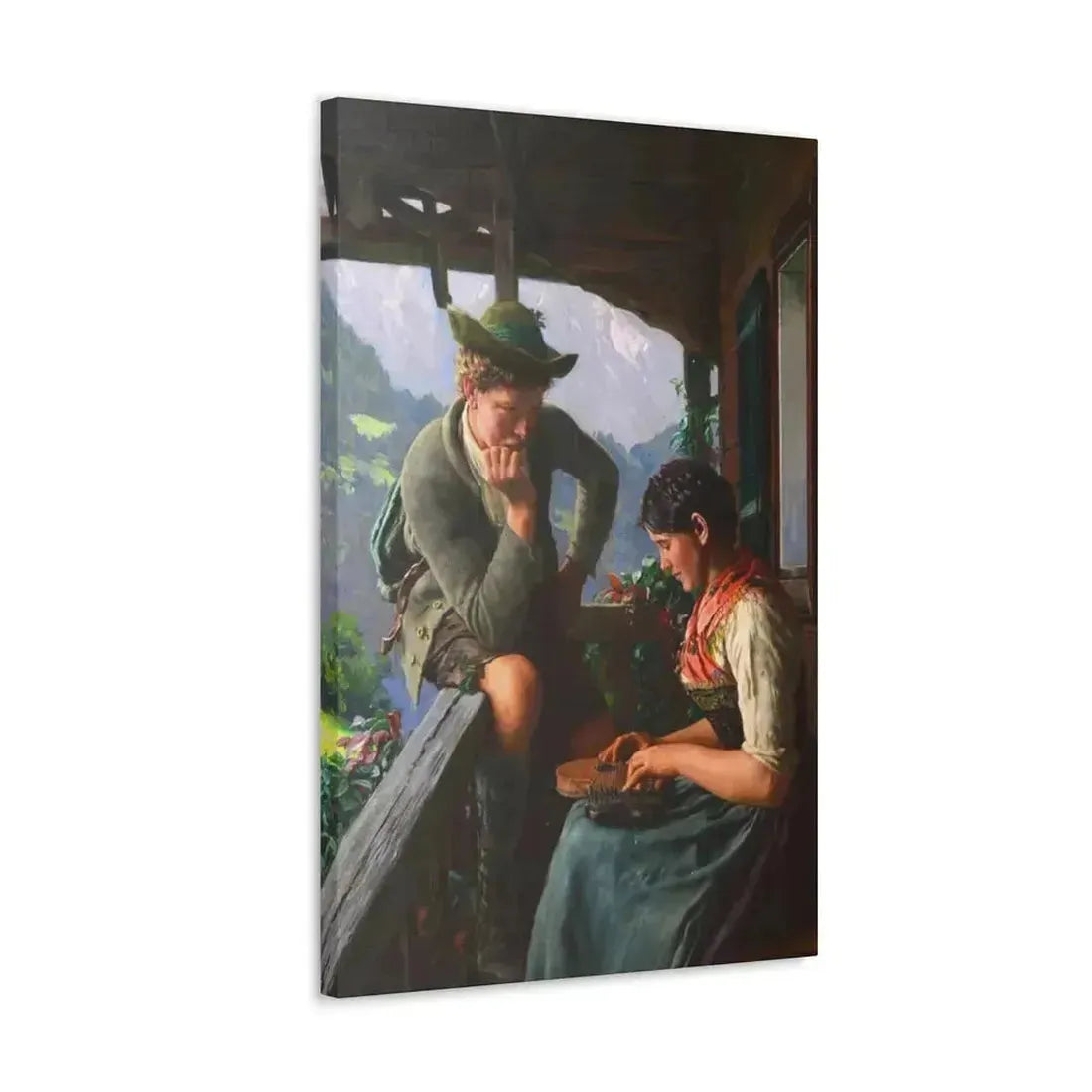 Emil Rau (1858-1937) Tyrolean Couple with Chalet and Mountainous Landscape - Canvas Wall Art - The Sticker Space