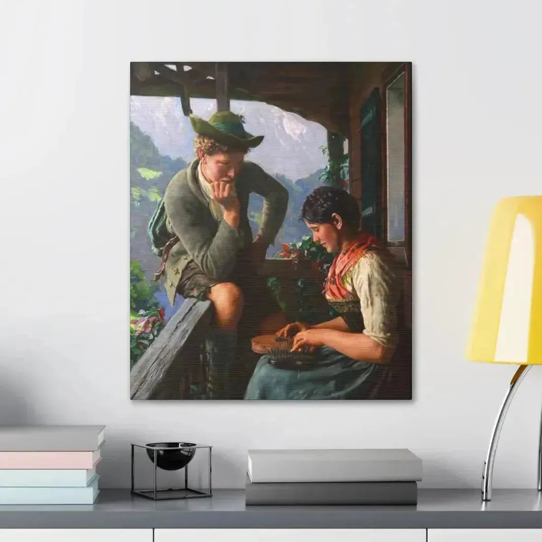 Emil Rau (1858-1937) Tyrolean Couple with Chalet and Mountainous Landscape - Canvas Wall Art - The Sticker Space