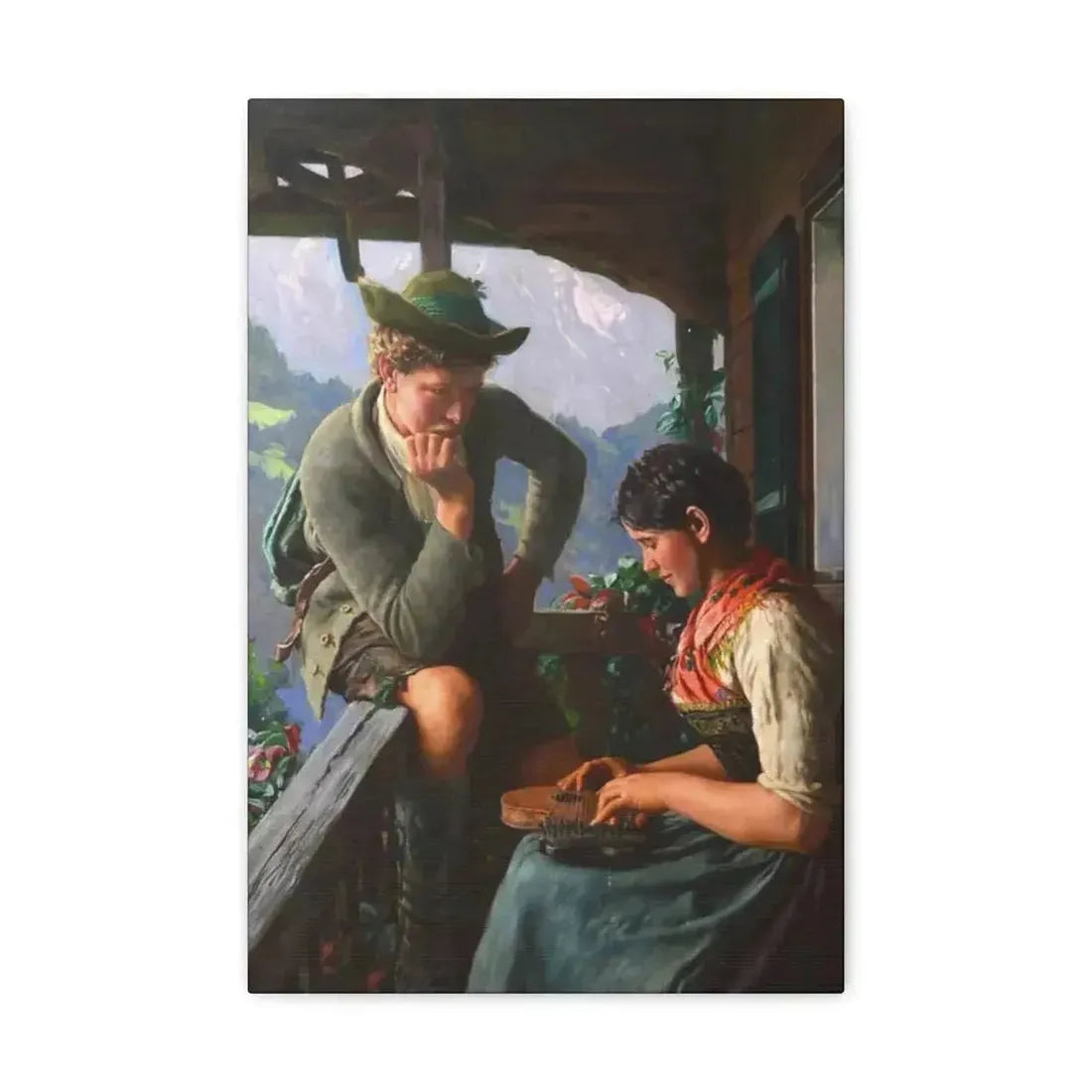 Emil Rau (1858-1937) Tyrolean Couple with Chalet and Mountainous Landscape - Canvas Wall Art - The Sticker Space