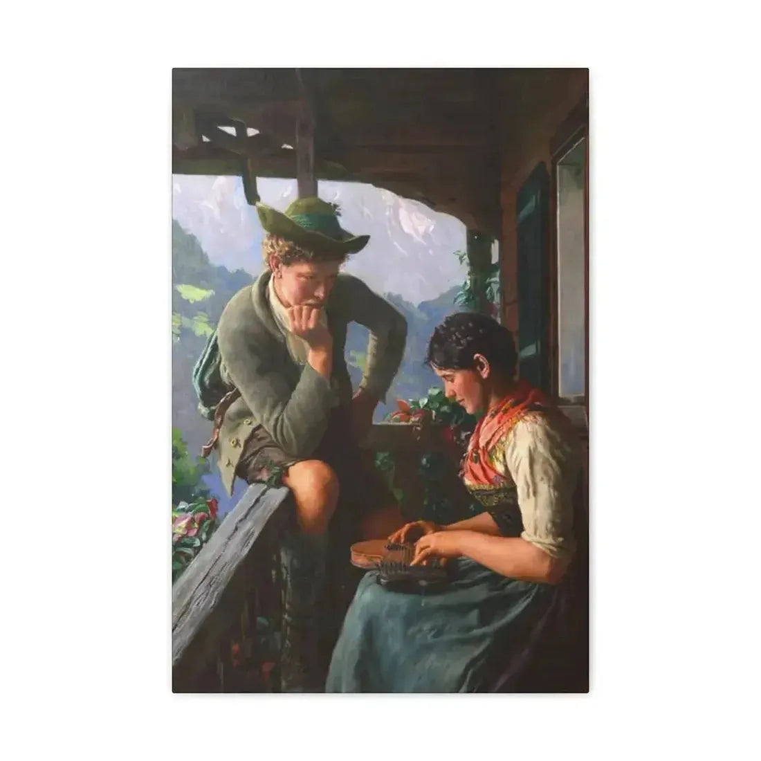 Emil Rau (1858-1937) Tyrolean Couple with Chalet and Mountainous Landscape - Canvas Wall Art - The Sticker Space