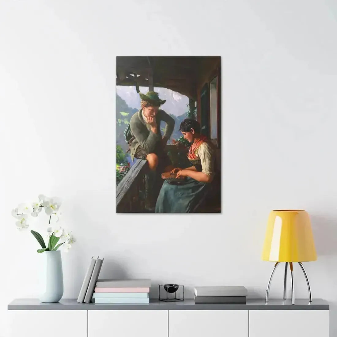 Emil Rau (1858-1937) Tyrolean Couple with Chalet and Mountainous Landscape - Canvas Wall Art - The Sticker Space