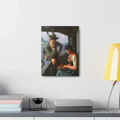 Emil Rau (1858-1937) Tyrolean Couple with Chalet and Mountainous Landscape - Canvas Wall Art - The Sticker Space