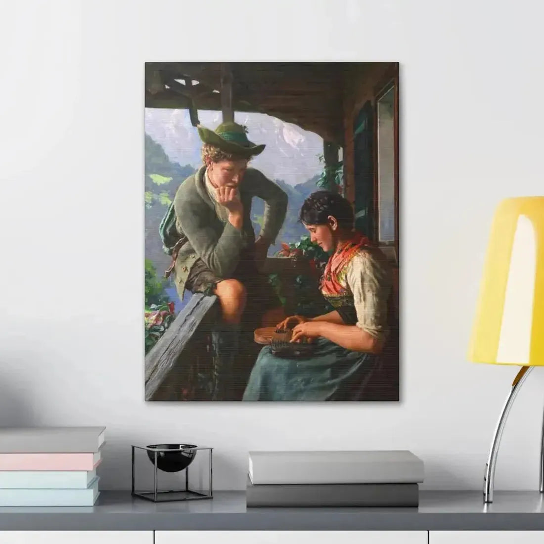 Emil Rau (1858-1937) Tyrolean Couple with Chalet and Mountainous Landscape - Canvas Wall Art - The Sticker Space