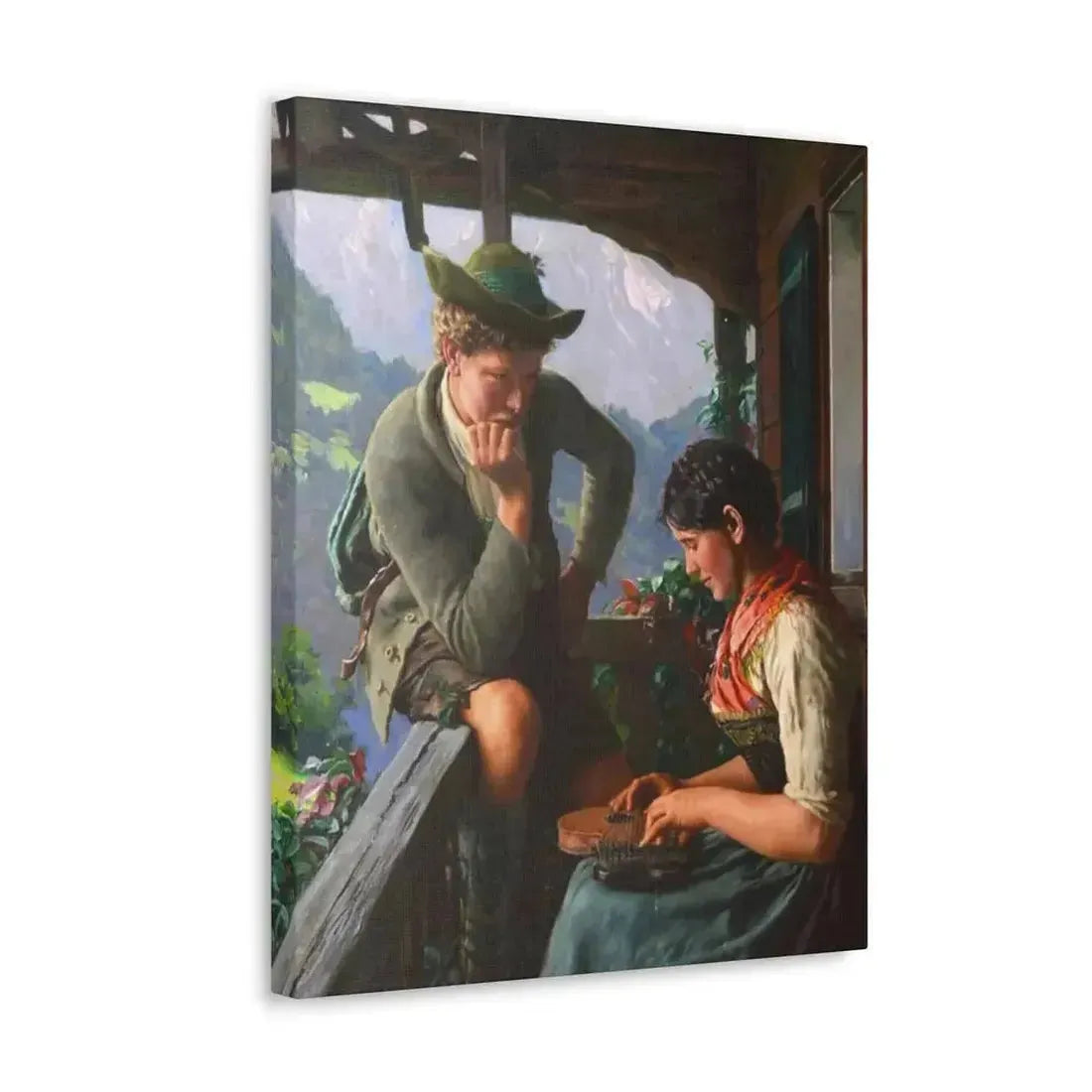 Emil Rau (1858-1937) Tyrolean Couple with Chalet and Mountainous Landscape - Canvas Wall Art - The Sticker Space