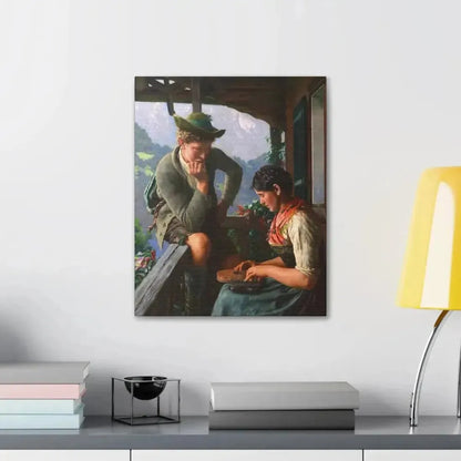 Emil Rau (1858-1937) Tyrolean Couple with Chalet and Mountainous Landscape - Canvas Wall Art - The Sticker Space