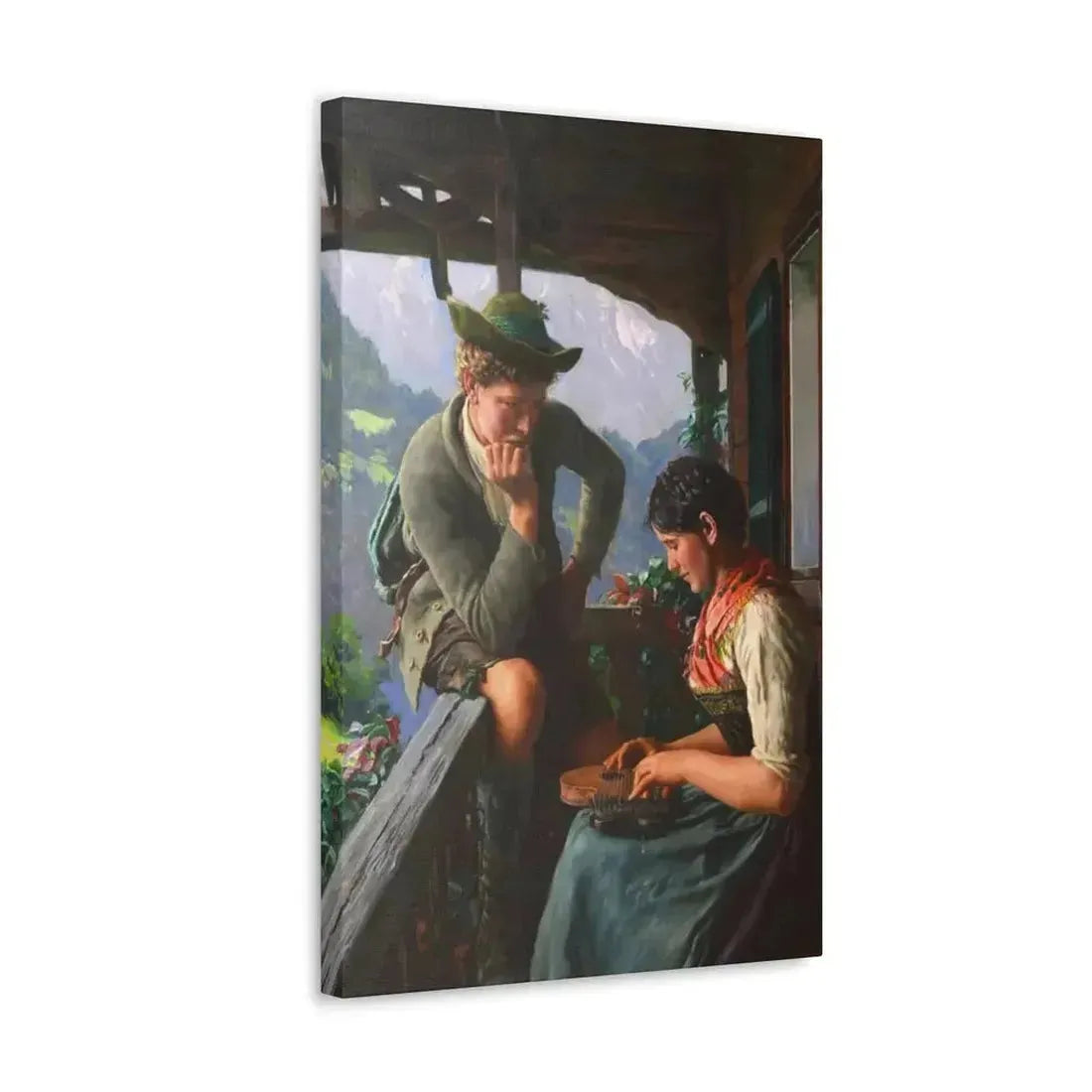 Emil Rau (1858-1937) Tyrolean Couple with Chalet and Mountainous Landscape - Canvas Wall Art - The Sticker Space
