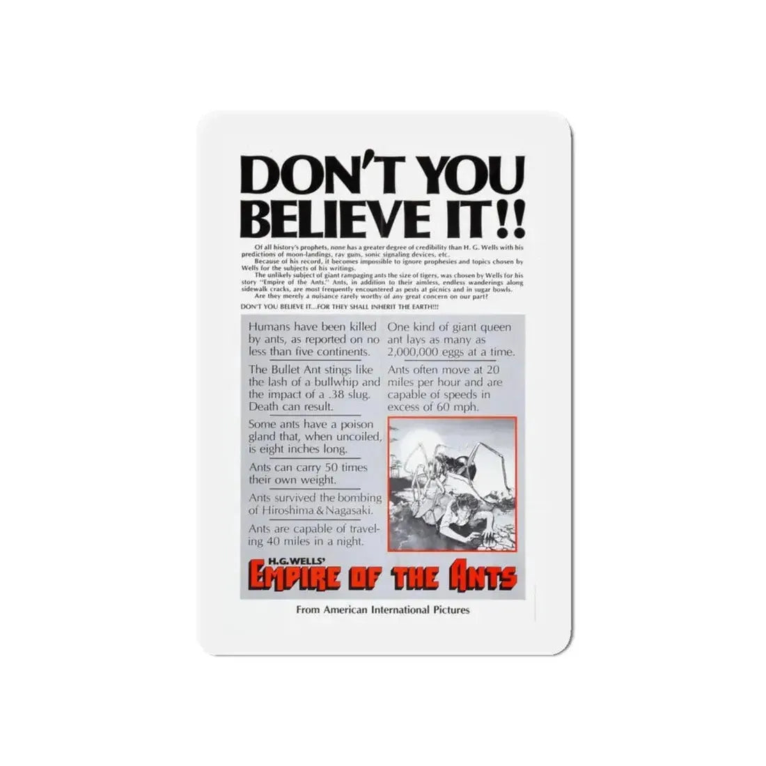 EMPIRE OF THE ANTS (TEASER) 1977 Movie Poster - Refrigerator Magnet 5 Inch - The Sticker Space