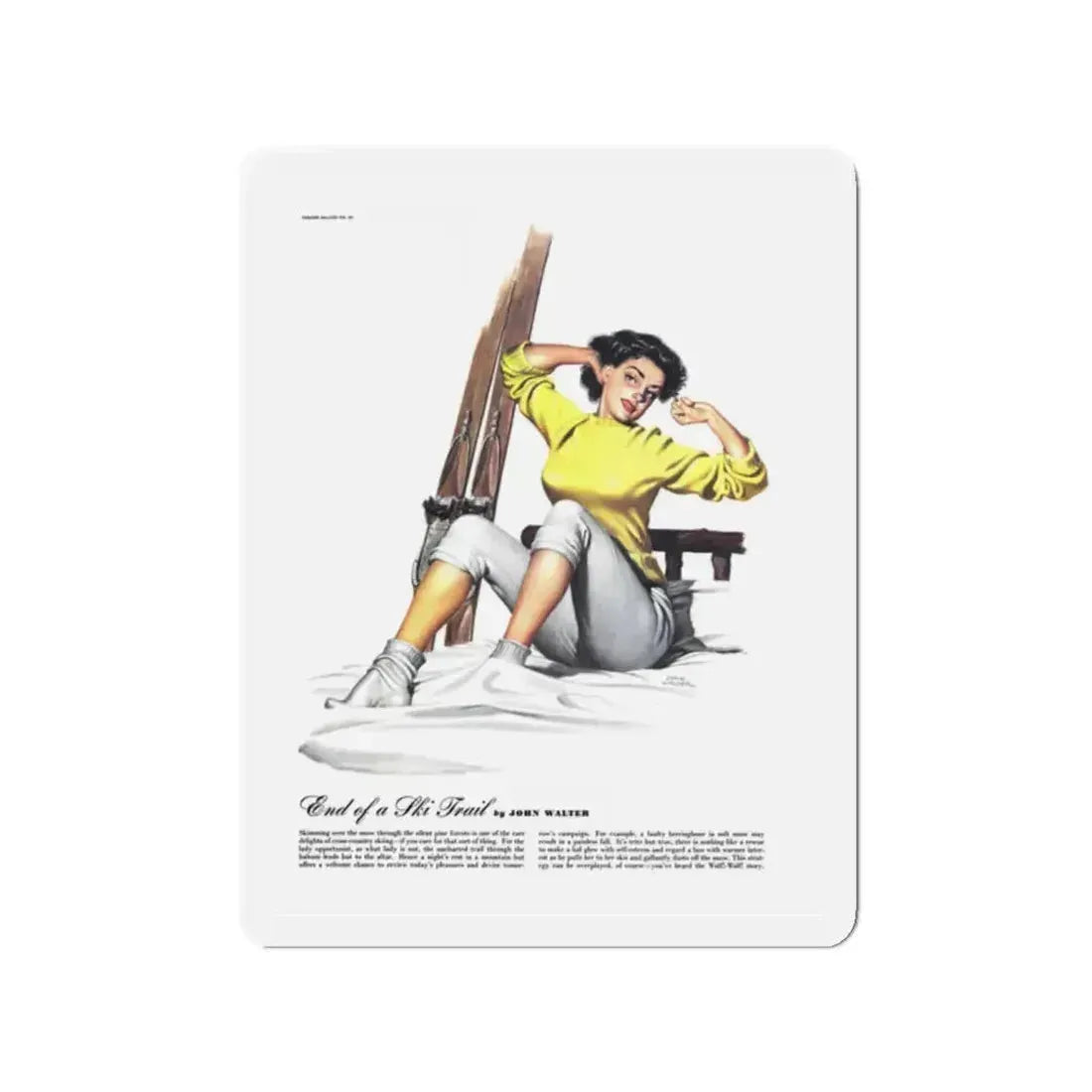 End Of a Ski Trail, Esquire, April 1947 (Magazine Illustration) Refrigerator Magnet 2 Inch Die-Cut - The Sticker Space