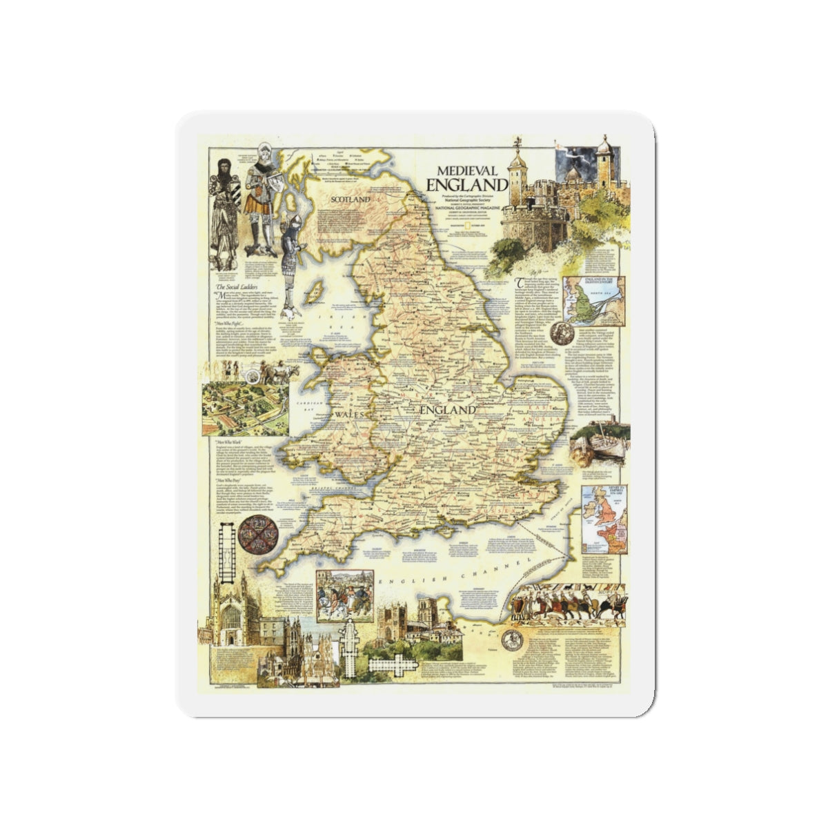 England - Medieval (1979) (Map) Refrigerator Magnet-3" x 3"-The Sticker Space