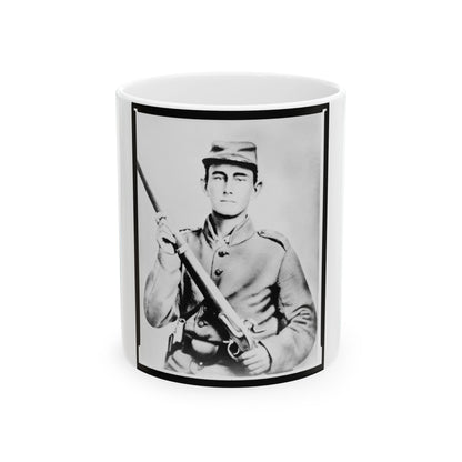 Enoch Hooper Cook, Jr., Pvt, Co. H. 38th Alabama Infantry, C.S.A., Half-Length Portrait, Facing Front Holding Rifle (U.S. Civil War) White Coffee Mug