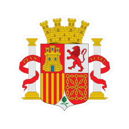 Spanish national coat of arms topped by a gold mural crown, with castle and red lion quarters on a chain border.