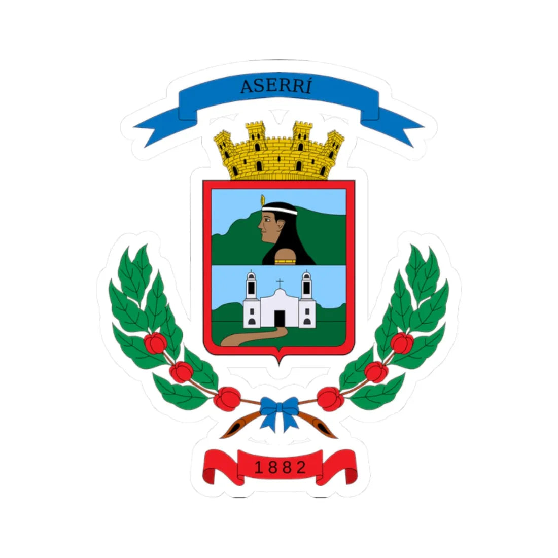Escudo del cantón de Aserrí (Costa Rica) (Coat of Arms) STICKER Vinyl Kiss-Cut Decal 2 Inch White - The Sticker Space